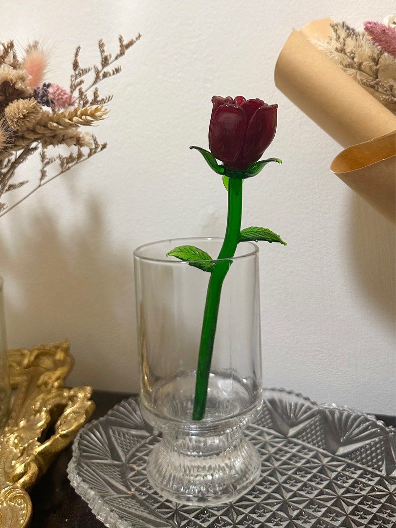 vintage glass rose, Furniture & Home Living, Home Decor, Artificial