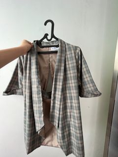 We work open back blazer plaid nude green