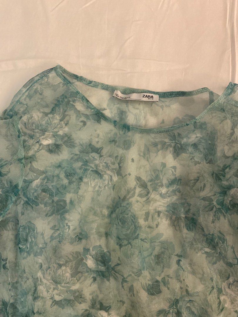 ZARA SHEER TOP FLOWER GREEN, Fesyen Wanita, Pakaian Wanita, Atasan di