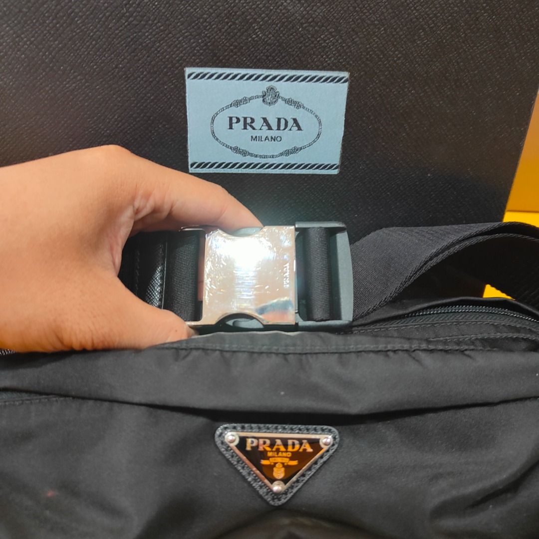 40 OFF Authentic PRADA Tessuto Montagna Marsupio Nylon Triangle Logo Black Crossbody Belt Bag with Silver Hardware