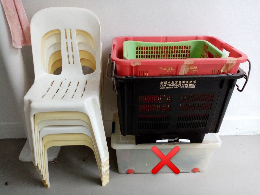 Plastic Chairs $4 each / Industrial Baskets with Castors and iron ...