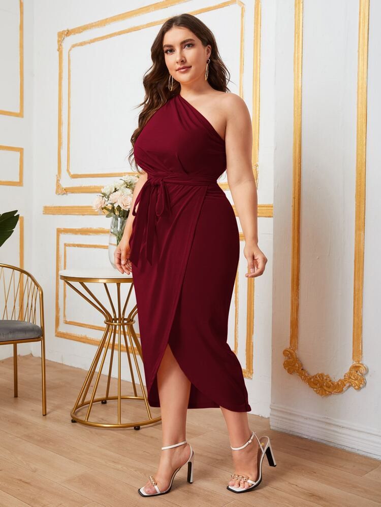 SHEIN Modely Plus Tulip Hem Ruched Front Satin Dress  Cocktail dress  classy, Black dresses classy, Cocktail dress classy evening