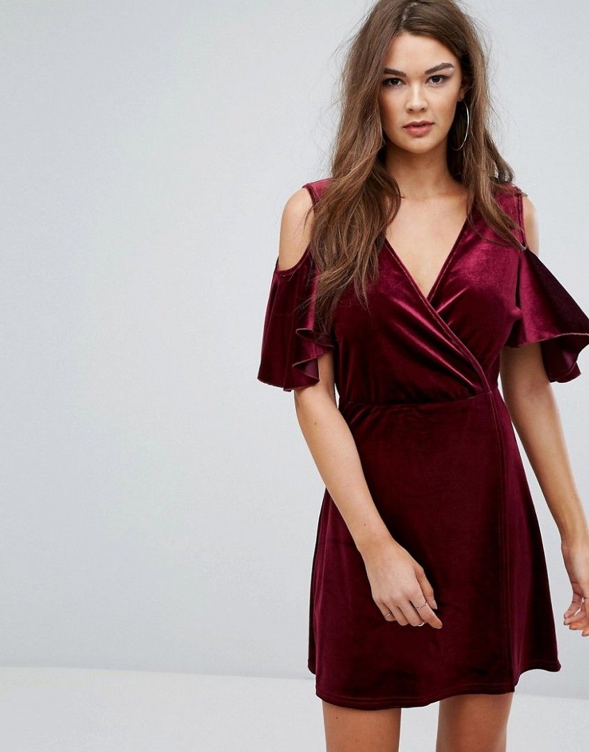 Boohoo Velvet Cold Shoulder Wrap Over Dress Black Women s Fashion