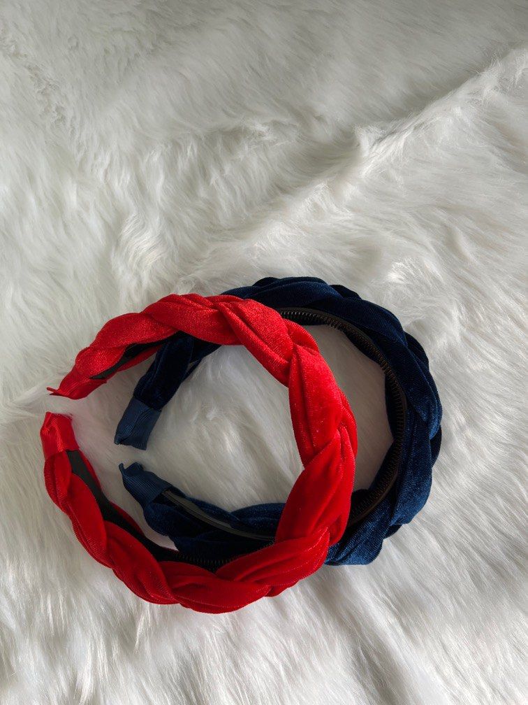 Braided Velvet Headband (Category: Hair Accessories) located in Las Pinas. Submitted by declutteringstar (Listing ID 1213269504, Image 3). Description: TWO pcs for 70 pesos only Colors: 1. Red 2. Navy Blue.