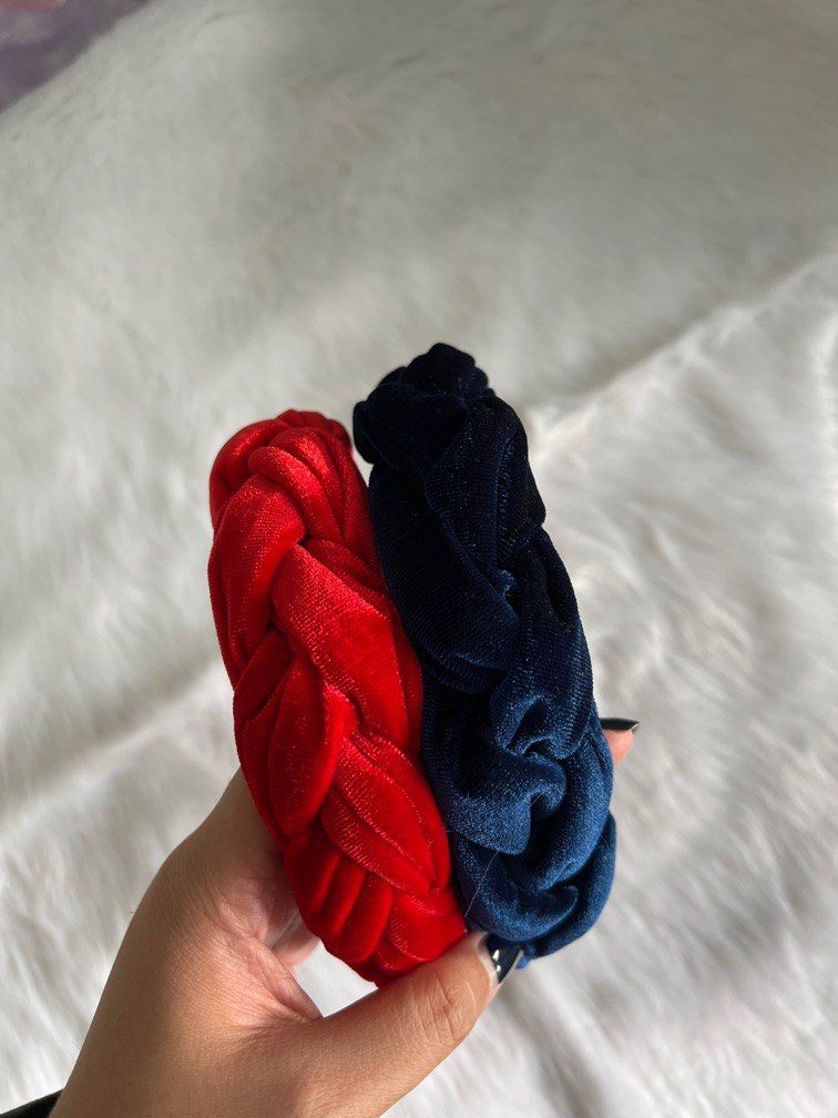 Braided Velvet Headband (Category: Hair Accessories) located in Las Pinas. Submitted by declutteringstar (Listing ID 1213269504, Image 2). Description: TWO pcs for 70 pesos only Colors: 1. Red 2. Navy Blue.