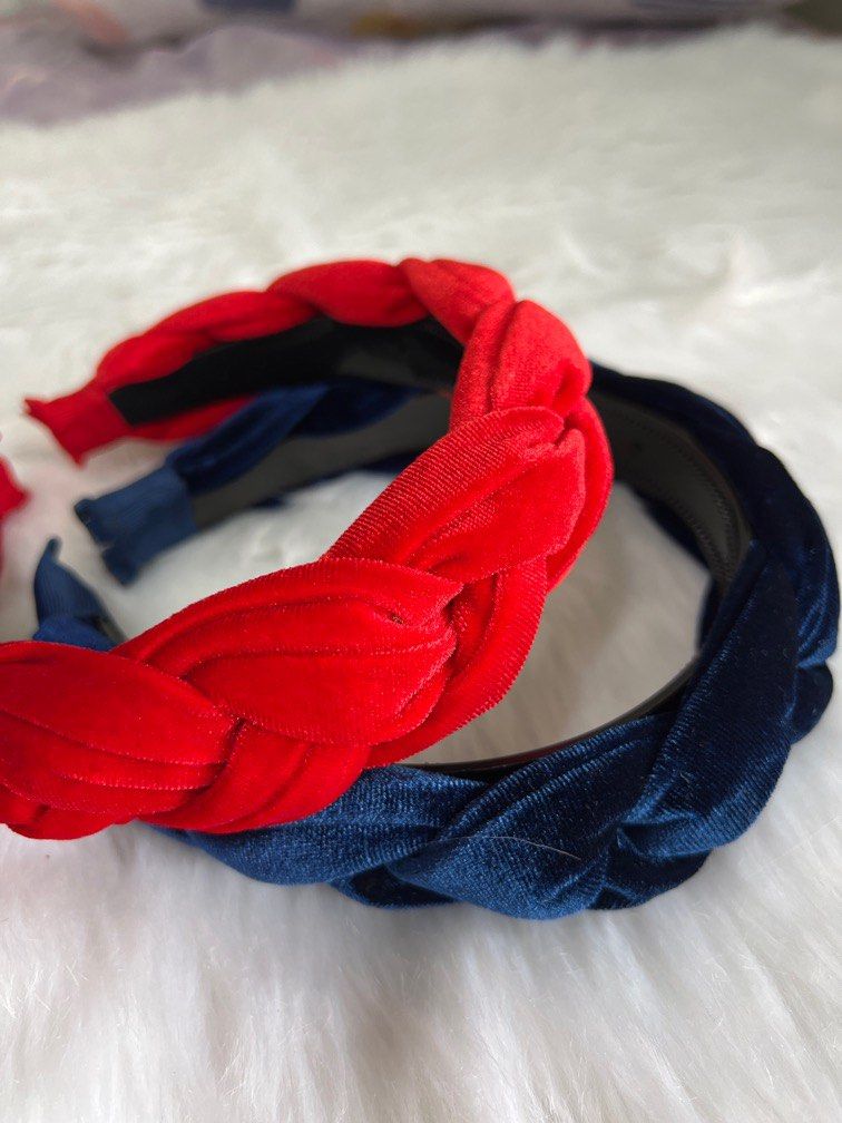 Braided Velvet Headband (Category: Hair Accessories) located in Las Pinas. Submitted by declutteringstar (Listing ID 1213269504, Image 1). Description: TWO pcs for 70 pesos only Colors: 1. Red 2. Navy Blue.
