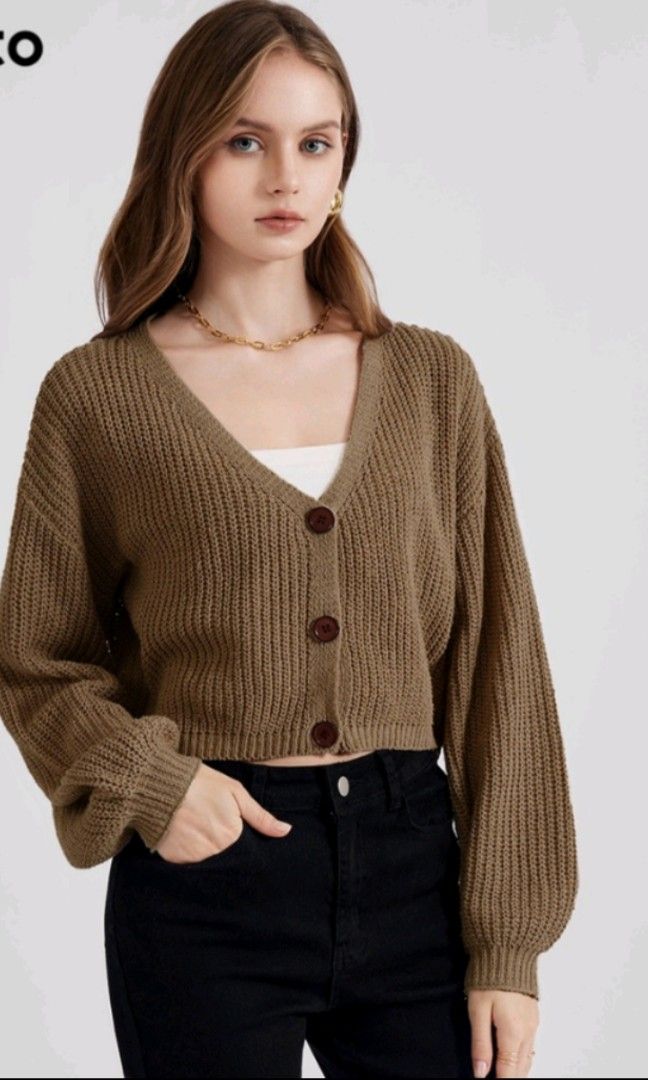 Casual Plain Long Sleeve Button Sweater Knitted Cardigan for Woman