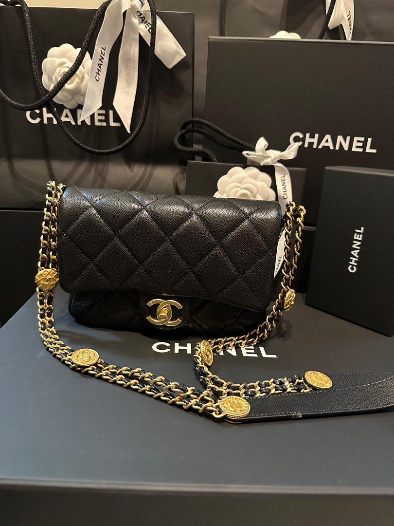 Chanel Classic Flap Bag black caviar with gold hardware golden coins ...