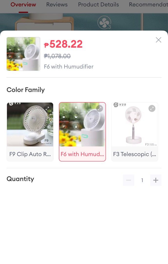 Fan with hudimifier (Category: Fans) located in Manila. Submitted by a_hular (Listing ID 1213358128, Image 2). Description: V2S F6 Fan + Humidifier Bought at Lazada for Php528 (original price Php1078) White in color Rfs: Bought the wrong item .