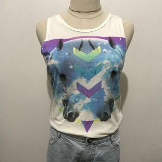 Forever 21 White Print Boho Hippie Print Sleeveless Muscle Tee Size S-M