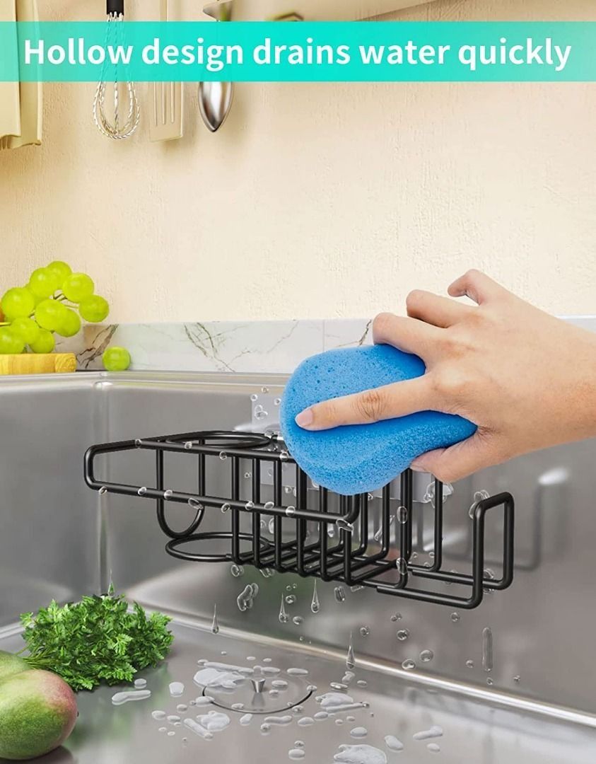 HapiRm 4 in 1 Sink Caddy Sponge Holder, Sink Basket Brush Holder + Dish Cloth Hanger + Soap Rack + Sink Stopper Holder SUS304 Stainless Steel No