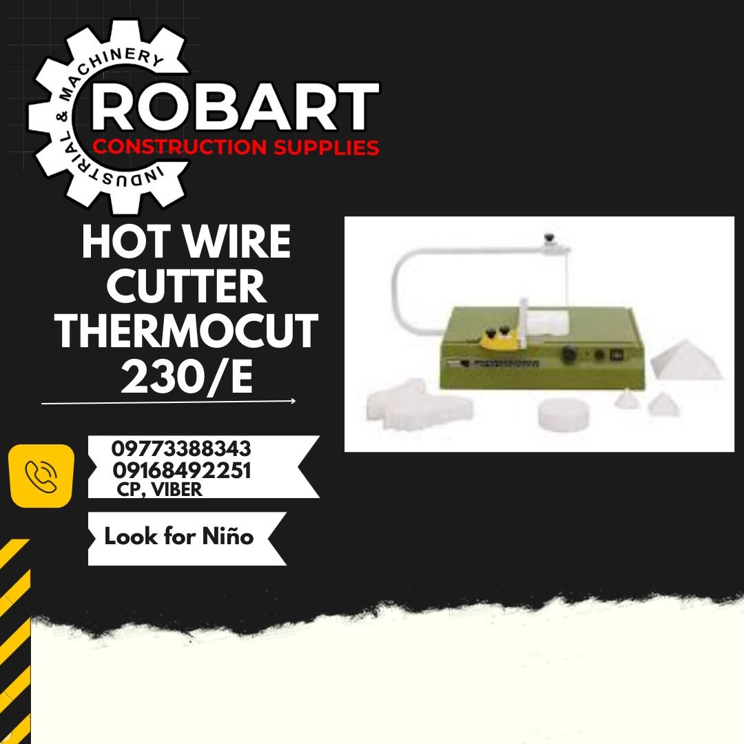 HOT WIRE CUTTER THERMOCUT 230/E (Category: Construction Tools & Equipment) located in Manila. Submitted by ninoparede24925 (Listing ID 1213192187, Image 1). Description: HOT WIRE CUTTER THERMOCUT 230/E no.27 080 220volts 50/60Hz, Transformer secondary max. 10V also available: no.28 080 Spare cutting wire Spool of 30mts x 0.2mm - - for faster transaction: look for:Niño Paredes call/text/viber:09168492251 :09773388343 or direct message #RobartConst