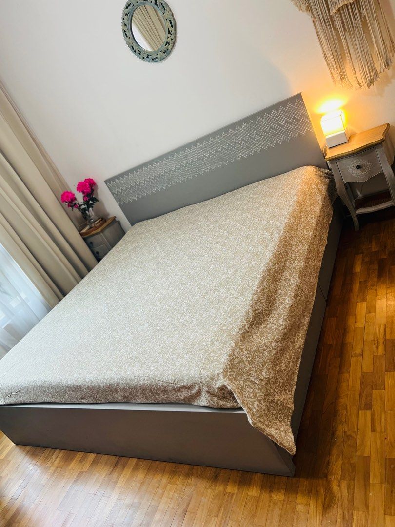 Ikea Malm king size bed frame with 3 storage drawers , Furniture & Home