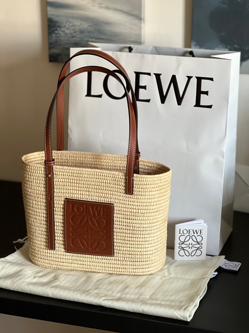 Loewe small square basket bag raffia & calfskin, Luxury, Bags & Wallets