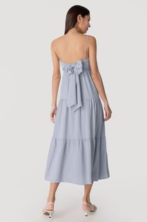 Lovet Elodie Tie-Back Ribbon Tiered Midaxi Dress in XS (Dove Blue)