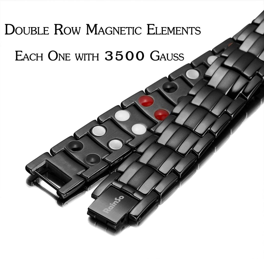 RainSo Mens Black Titanium Steel Magnetic Bracelet with 3500 Gauss