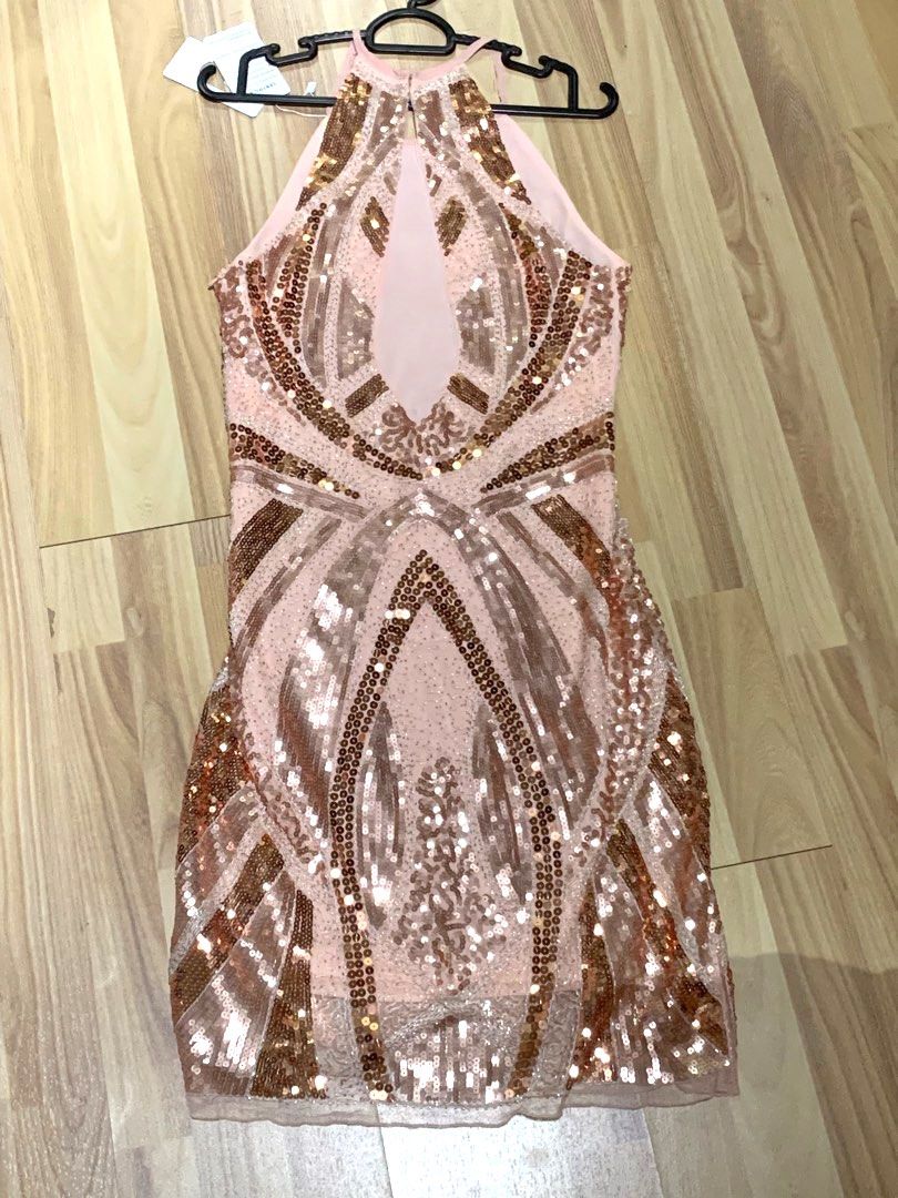 slim fit dress slacks Rose Gold Sequined Short Dress With Open Back And Long Sleeves