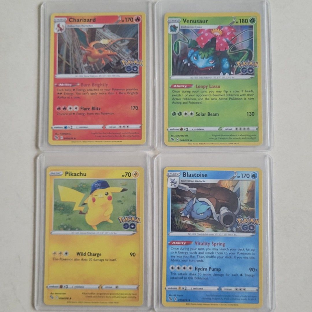 [SET] Holo Pokemon Starter Cards (Charizard, Venusaur, Blastoise, Pikachu), Hobbies & Toys, Toys