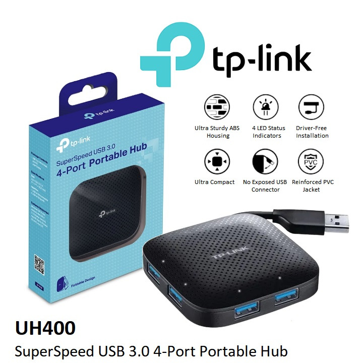 TPLINK UH400 USB 3.0 4 PORT PORTABLE USB HUB WITH BUILT IN USB