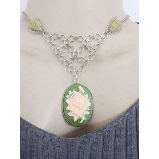 Victorian Rose Flower Cameo Semi Precious Stone Green Choker Necklace
