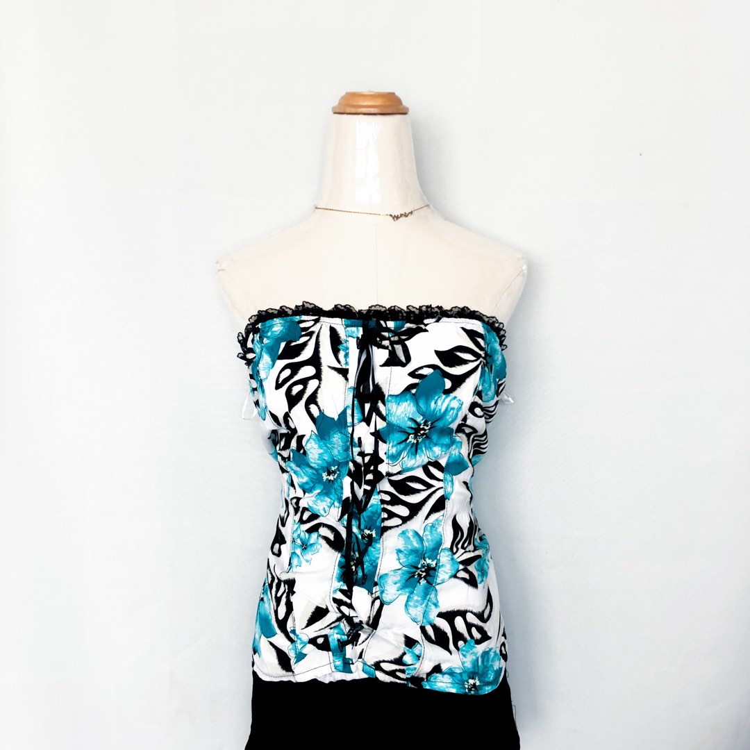 White & Blue Floral Corset Tube Top, Women's Fashion, Tops, Others Tops