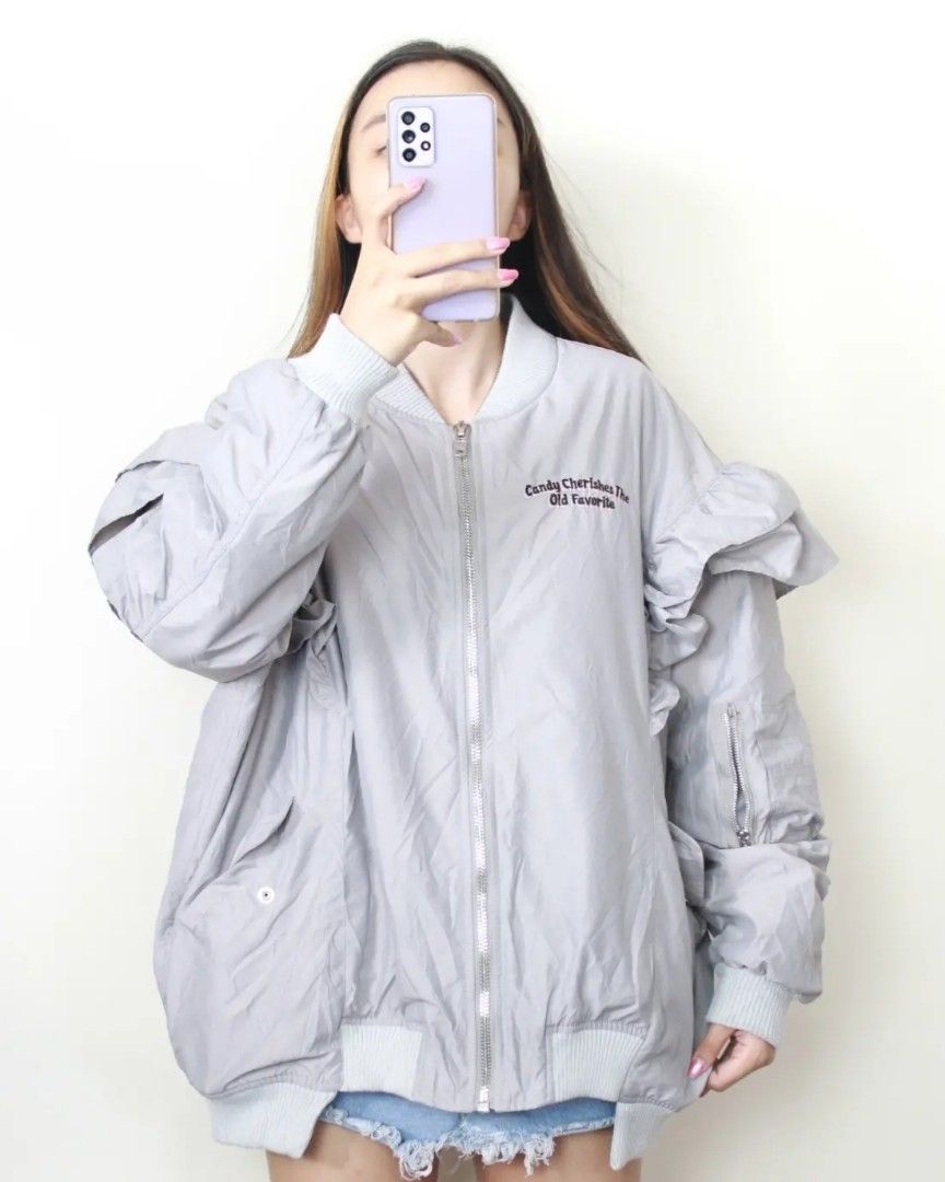 XXXXXXXL Light Gray Bomber Jacket with Bear embroidery (S27), Women's