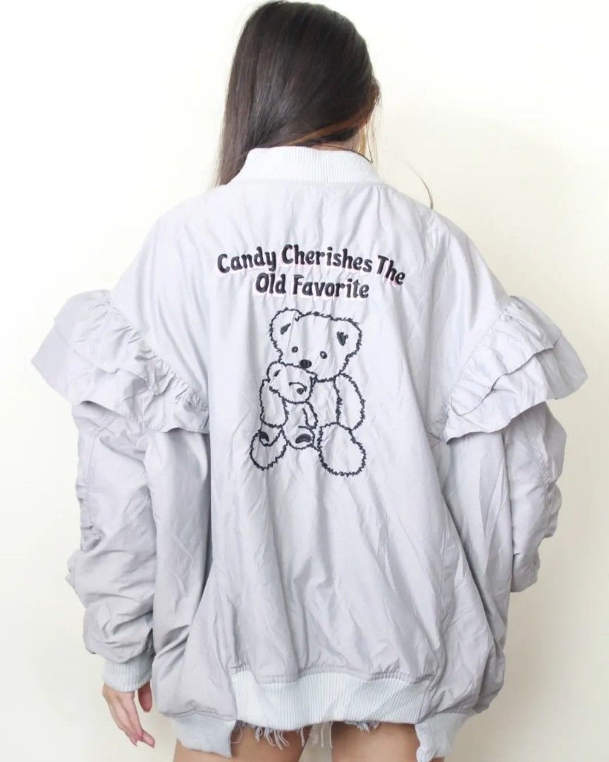 XXXXXXXL Light Gray Bomber Jacket with Bear embroidery (S27), Women's