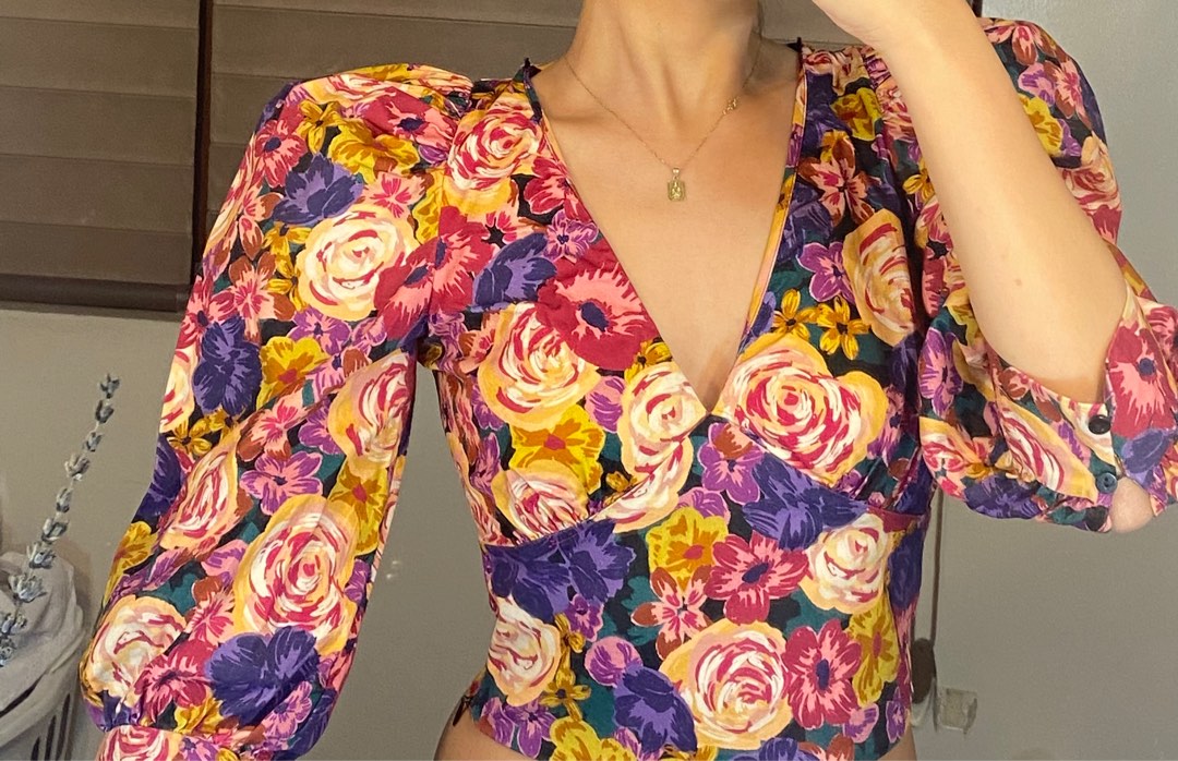Zara Floral Puff Sleeves, Women's Fashion, Tops, Blouses on Carousell