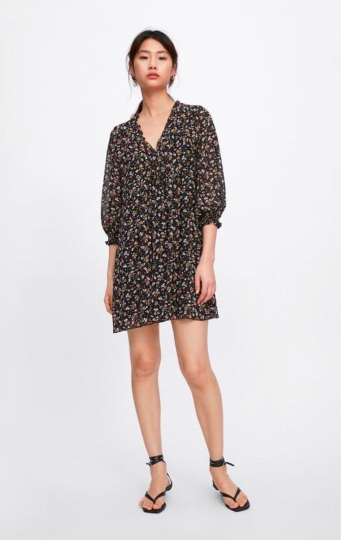 Zara mini Ruffled Flora Boho black dress, Women's Fashion, Dresses & Sets,  Dresses on Carousell