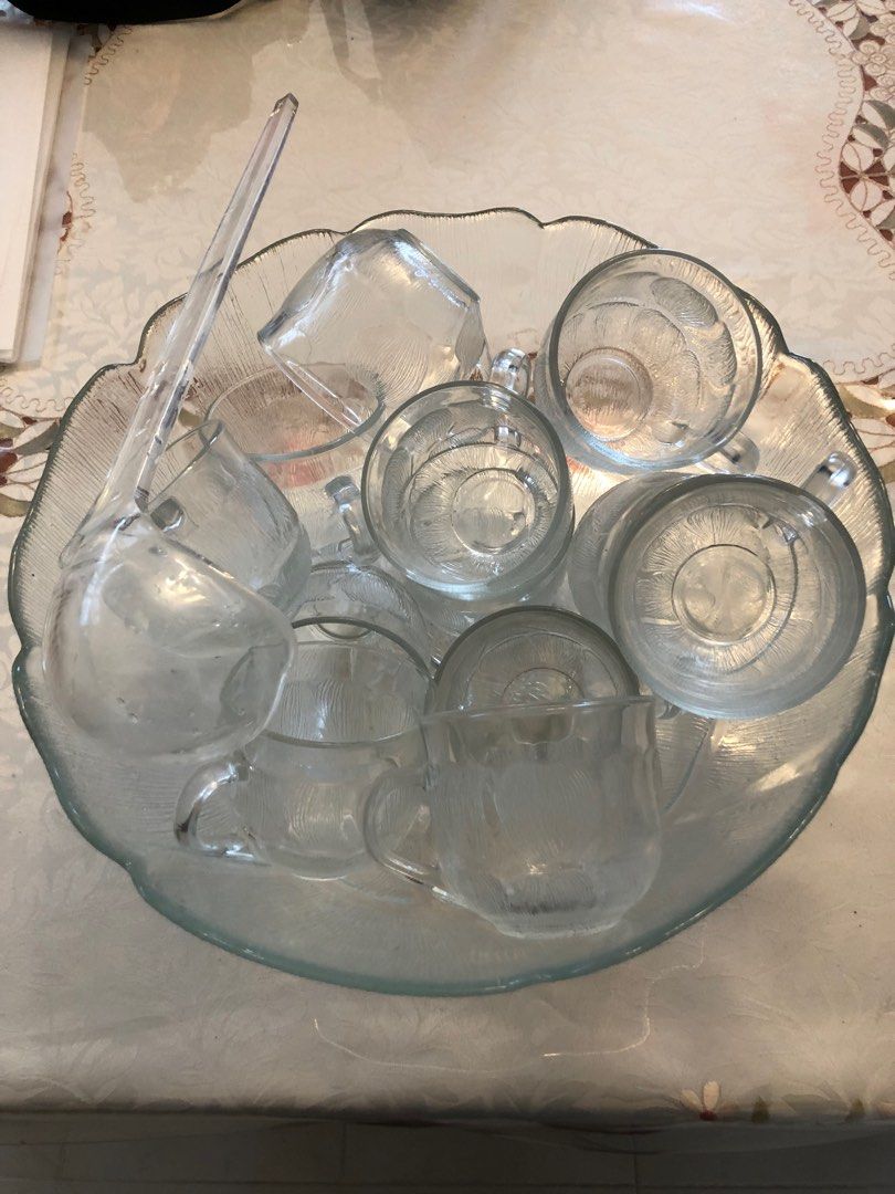 5 litre glass punch bowl with 12 glass cups and ladle, Furniture & Home