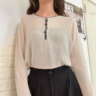 針織洞洞透膚滾邊鈕扣長袖上衣