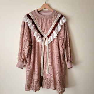 蕾絲 拼接 甜美 短洋裝 長版上衣
