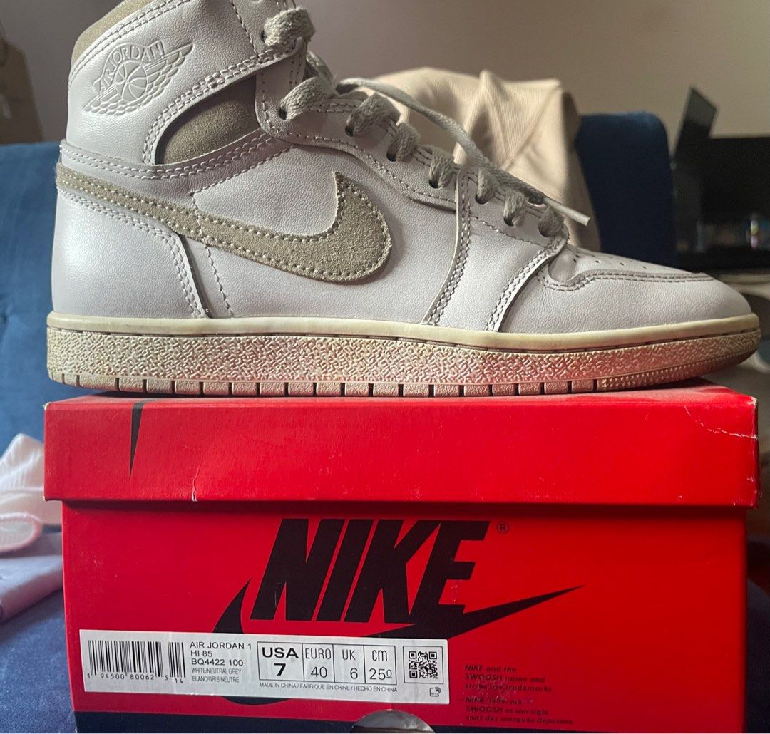 Air Jordan 1 High 85 Neutral Gray (Category: Sneakers) located in Quezon City. Submitted by Cry-Baby (Listing ID 1213470996, Image 2). Description: Selling Legit Air Jordan 1 High 85 Neutral Gray with Box, extra laces, receipt from Jordan Manila only missing hang tag Has creases. Has natural yellowing of the sole. Slightly Nego! Size 7 Mens 8.5 Womens 25cm 40 eu PM 09178722862 or DM me here Payment: Gcash, or Meet ups Trinoma, SM North, DLSU Taft