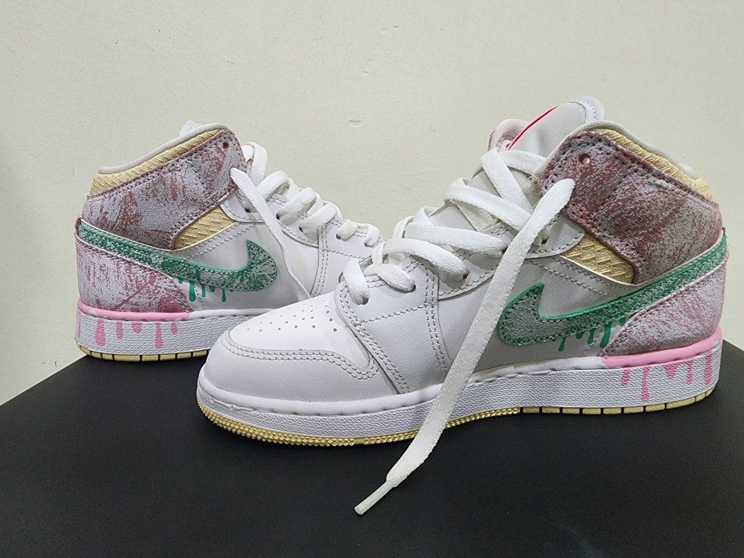 Air jordan 1 mid drip painting strawberry ice cream, Women's Fashion