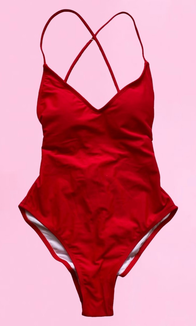Red Crossed Tie Back One Piece Bikini Swimsuit On Carousell