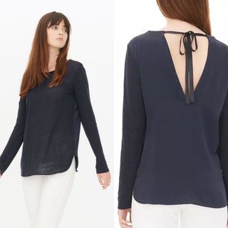 C98 - Sandro Paris Dark Blue Semi-sheer Long Sleeves Blouse with Stretchable Linen Front and Silk Open Back with Ribbon Accent - Clearance Sale