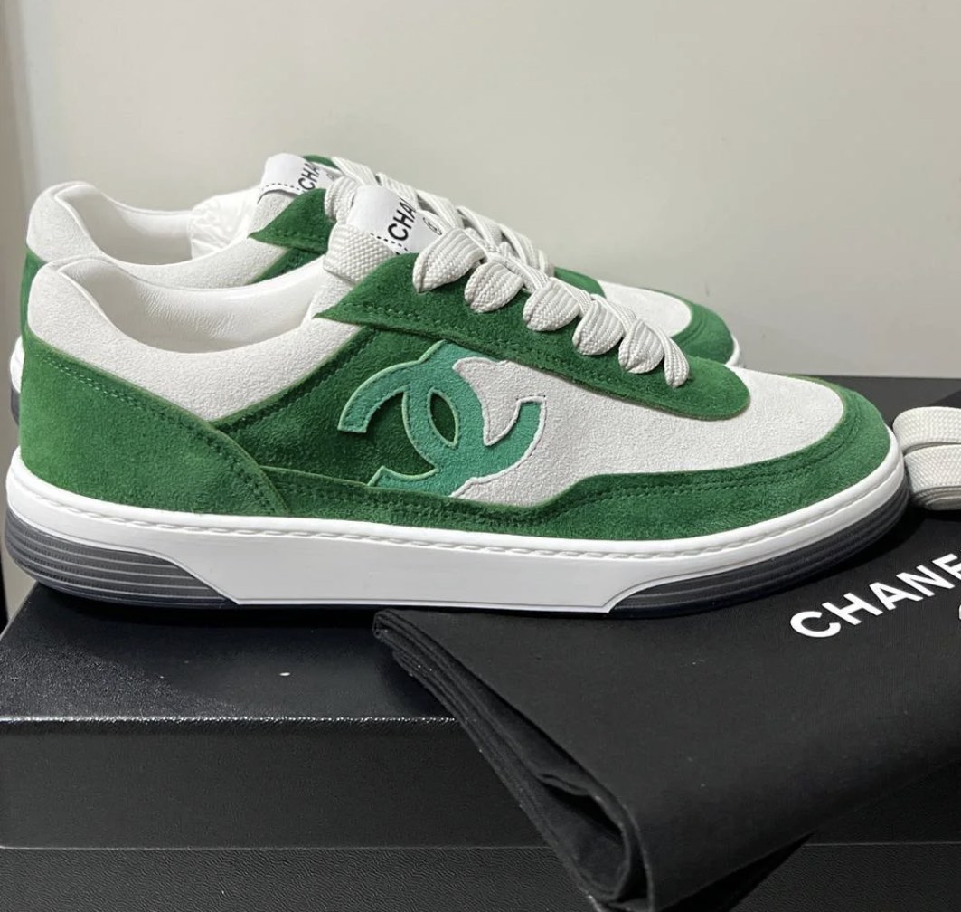 Chanel CC Logo Runner Sneaker Reflective Green Leather Suede  The Luxury  Shopper