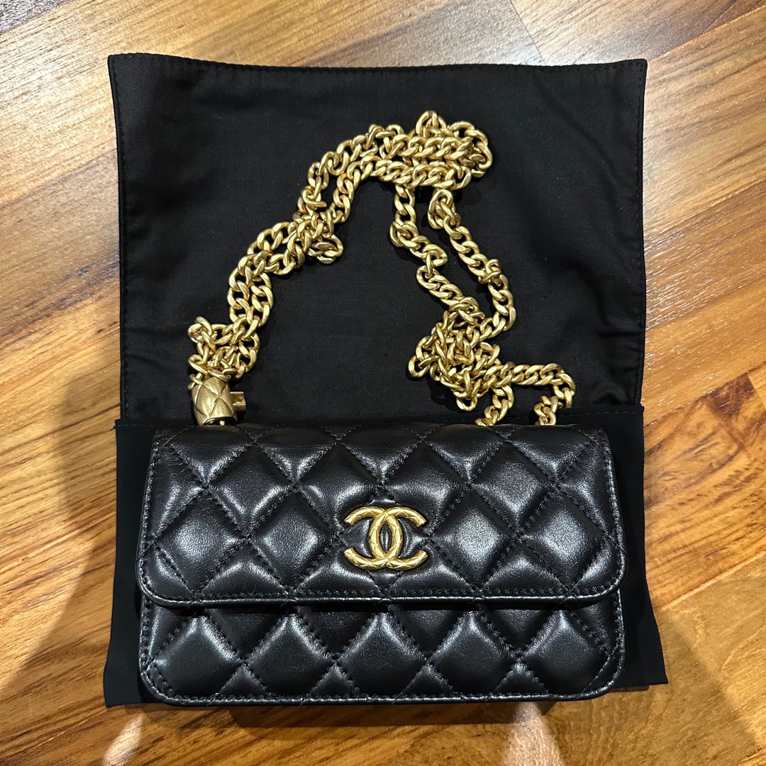 Chanel Bag / Phone Holder with adjustable chain - Black Lambskin