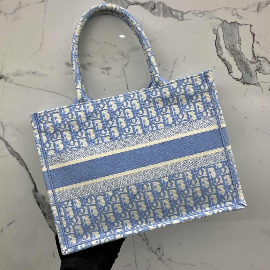 CHRISTIAN DIOR LIGHT BLUE CANVAS SMALL OBLIQUE BOOK TOTE BAG