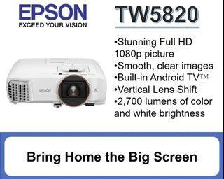 Epson EH-TW5820 Home Theatre Projector  Hull HD 1080 with built in Android TV and Wifi- Only 48 Hours Used. With Box.