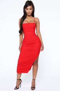 FASHION NOVA RED Ruched Slit Valentines Dress
