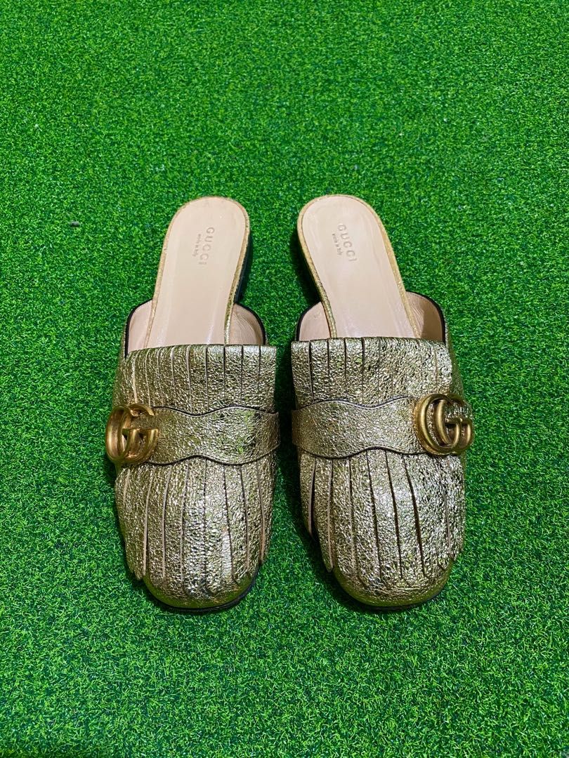Gucci marmont metallic gold mules, Luxury, Sneakers & Footwear on Carousell