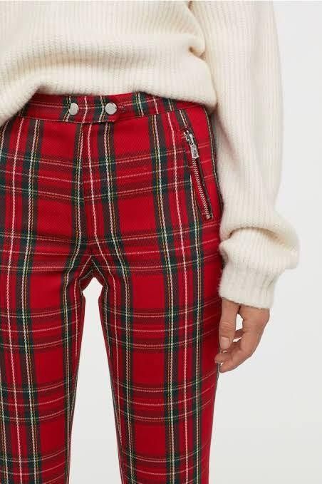 H M red tartan stretch pants size 34 BNWT Women s Fashion