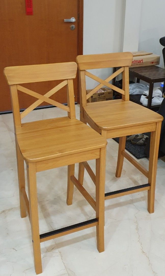 IKEA Ingolf Bar Stool with Backrest Rare Natural Wood Finish