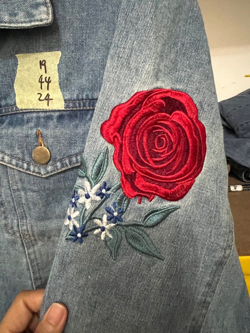 Jacket denim size 44 with Sulam rose flower Women s Fashion