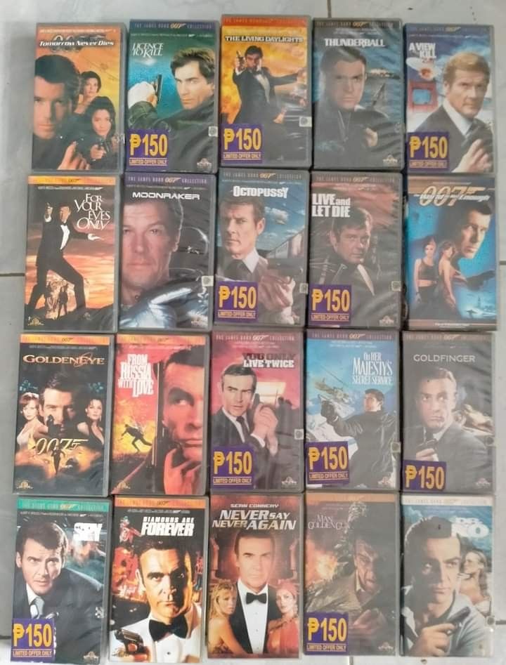 James Bond VHS Collection (Category: CDs & DVDs) located in Manila. Submitted by shogun1975 (Listing ID 1213568771, Image 1). Description: 20 pieces James Bond VHS collection. All original. Played once or twice. Ideal for your mancave or library as showcase display..