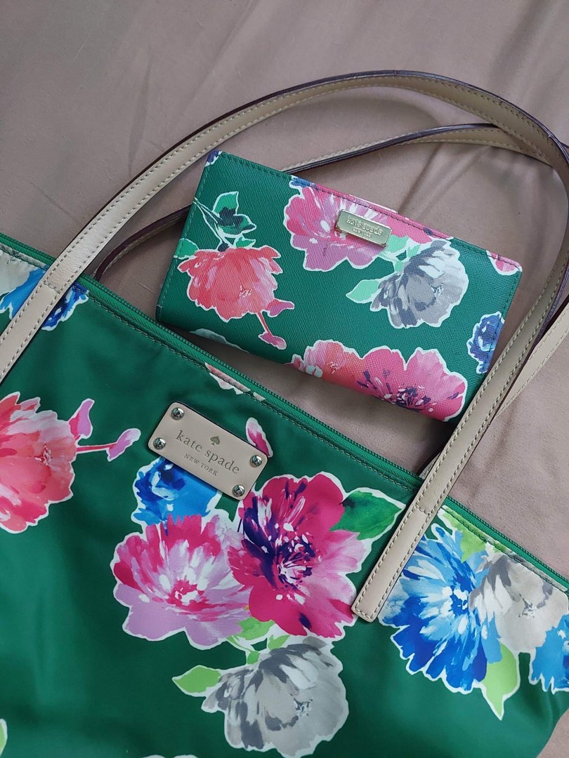 Kate Spade green floral handbag and wallet , Luxury, Bags & Wallets on  Carousell