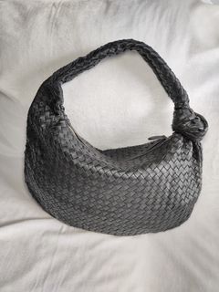 Knot Style Woven Leather Hobo Bag in Black Lambskin