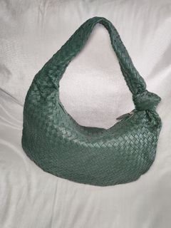 Knot Style Woven Leather Hobo Bag in Dark Green Lambskin