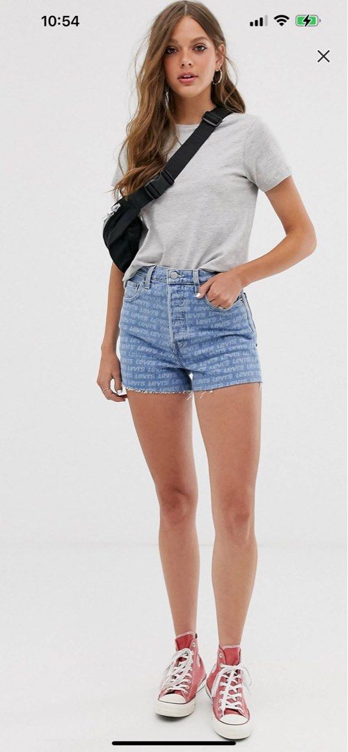 levis Levi's Ribcage denim shorts with all over logo in midwash blue,  Women's Fashion, Bottoms, Shorts on Carousell